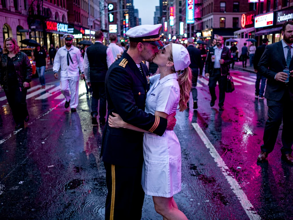 Klein LoRA image-to-image output named Pink Rain, a sailor and nurse kissing on a wet night street with magenta reflections.