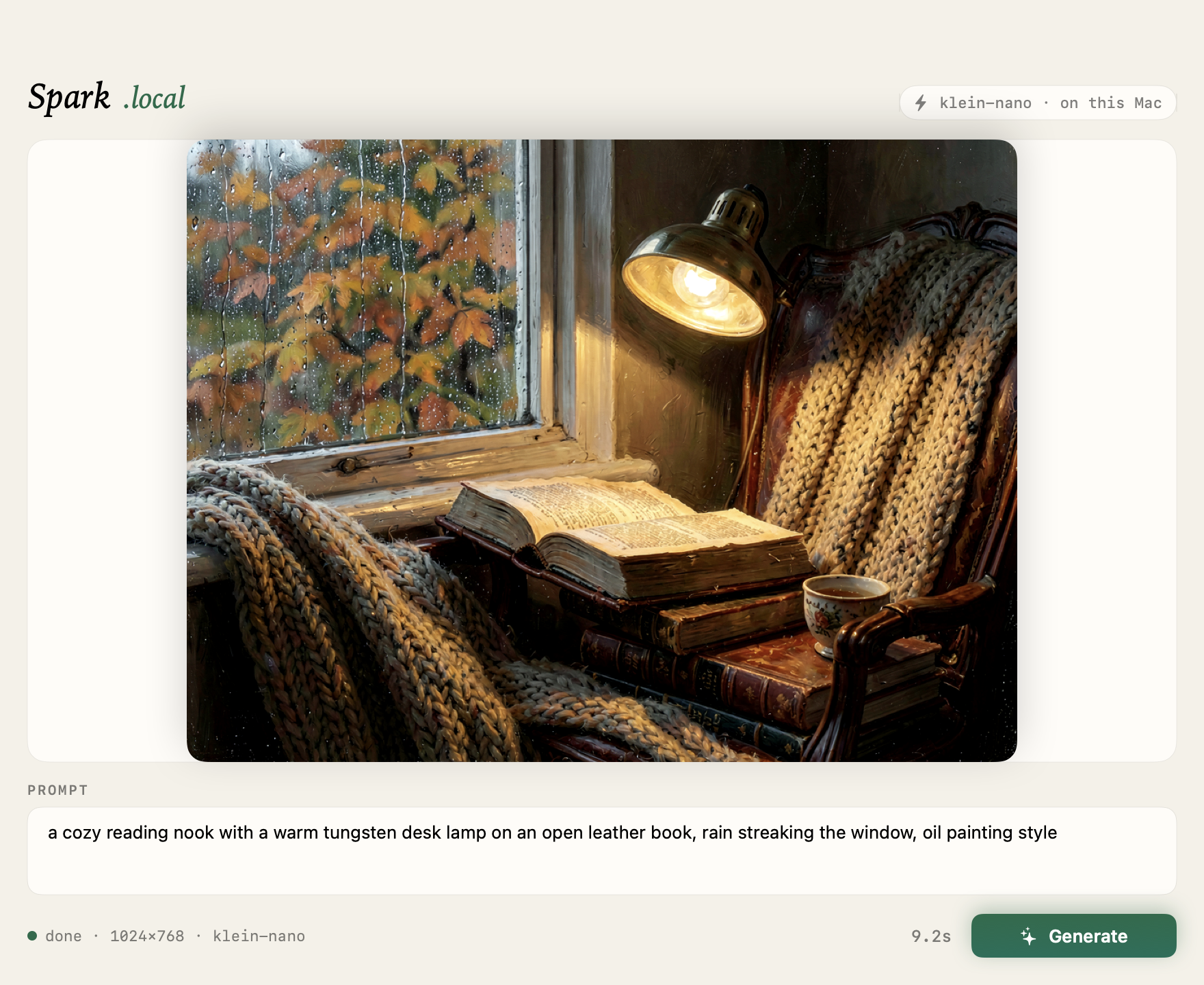 Spark.app showing a generated cozy reading nook image.