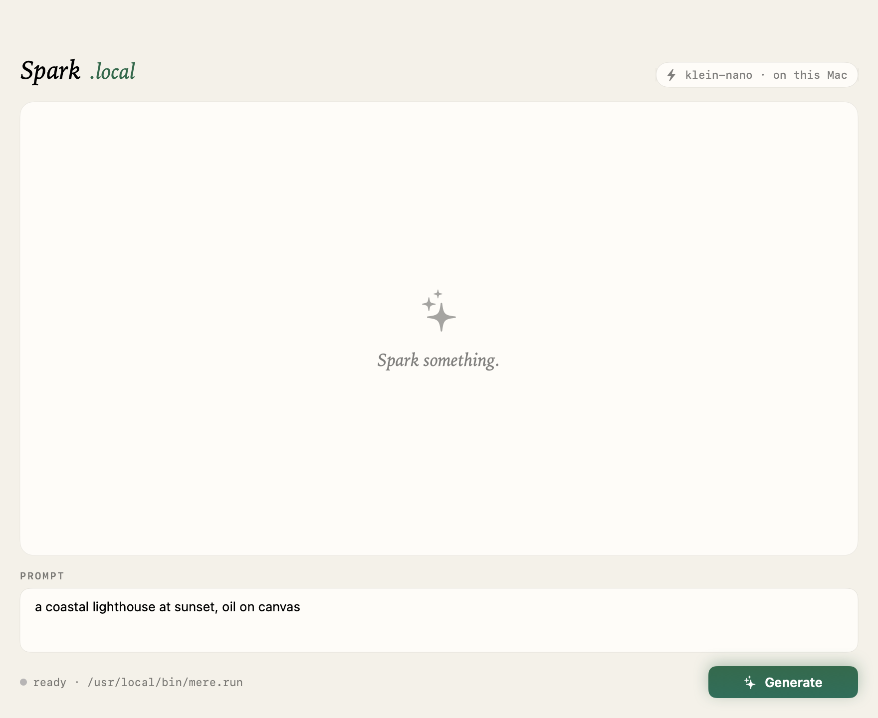 Spark.app idle state — empty canvas with a prompt field.