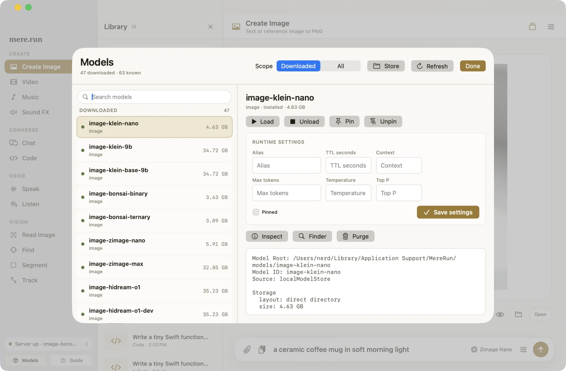 An earlier MereRun Studio build on macOS: the Models sheet listing installed models with sizes and readiness, runtime settings with TTL and pinning, and the create sidebar navigation.